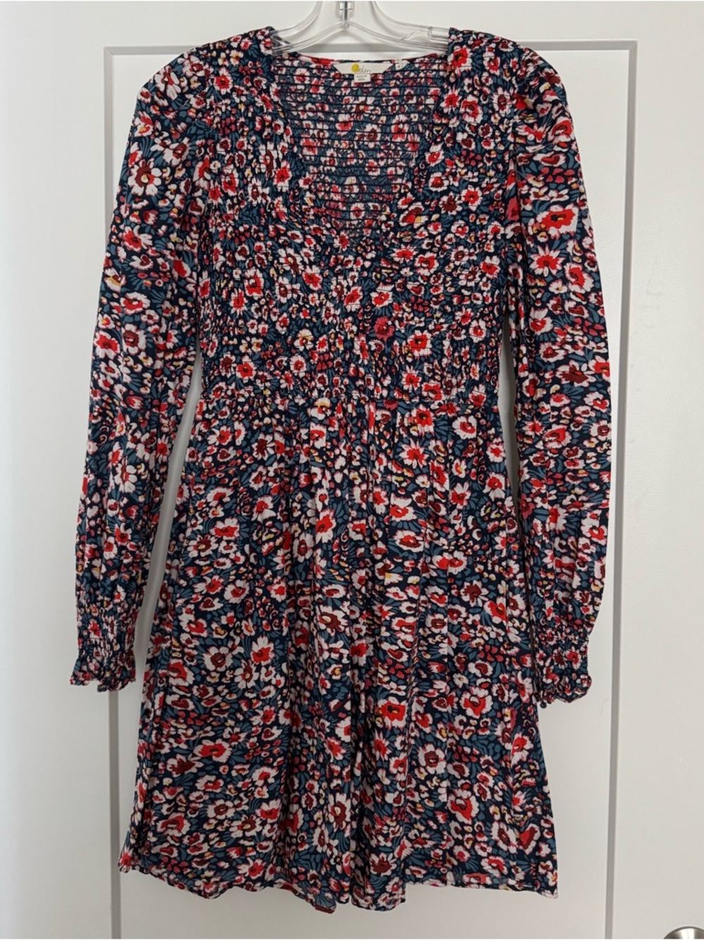 Boden Navy Smocked Dress with Red & White Floral Print